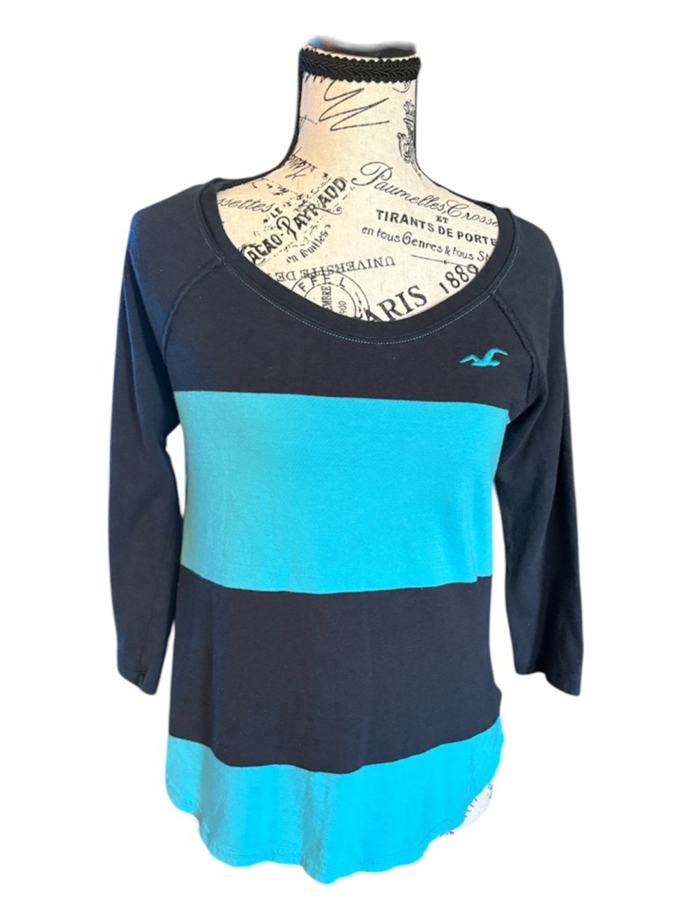Hollister Navy and Teal Wide-Stripe Scoop Neck Long Sleeve Top